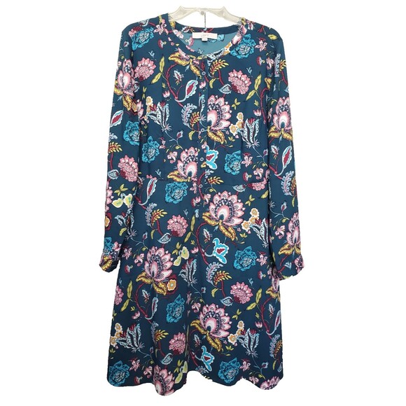 Ann Taylor Loft Blue Floral Paisley Retro Long Sleeve A-Line Midi Dress Size 14 - Picture 1 of 5